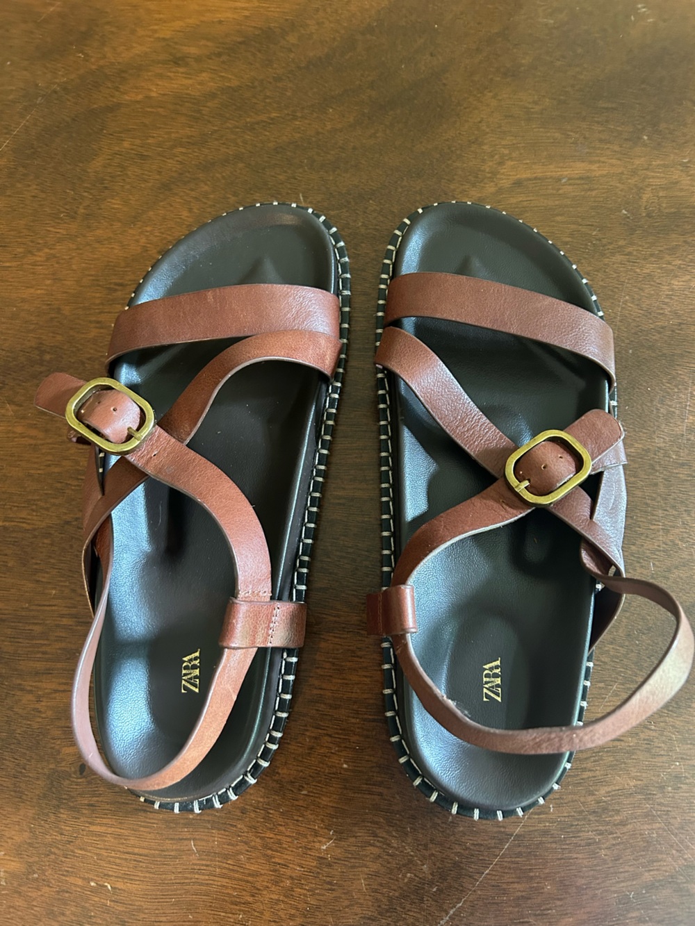 Zara Brown Leather Cross-Strap Sandals with Gold Buckles